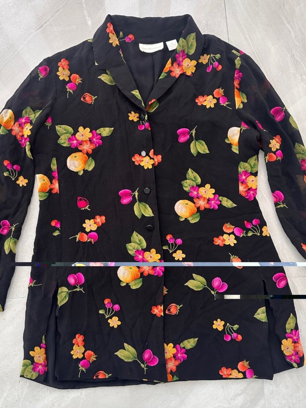 Dana Buchman Women's Black Silk Chiffon Floral Top Jacket Vintage 90s